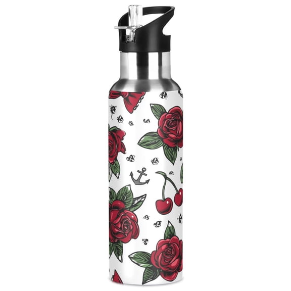1000ML Transparent Sports Water Bottle with Handle & Straw Portable Water Bottle for Outdoor Camping Gym Red Roses and Cherries