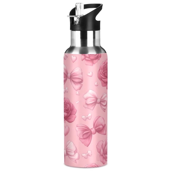 1000ML Transparent Sports Water Bottle with Handle & Straw Portable Water Bottle for Outdoor Camping Gym Roses and Bows Pattern
