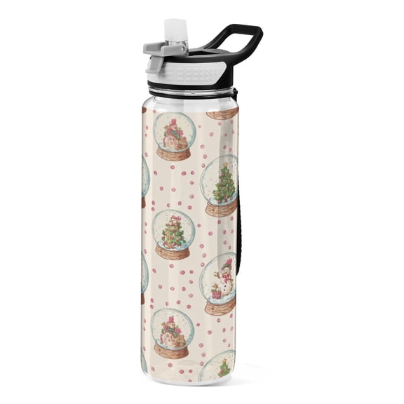 1000ML Transparent Sports Water Bottle with Handle & Straw Portable Water Bottle for Outdoor Camping Gym Snow Globe Pattern