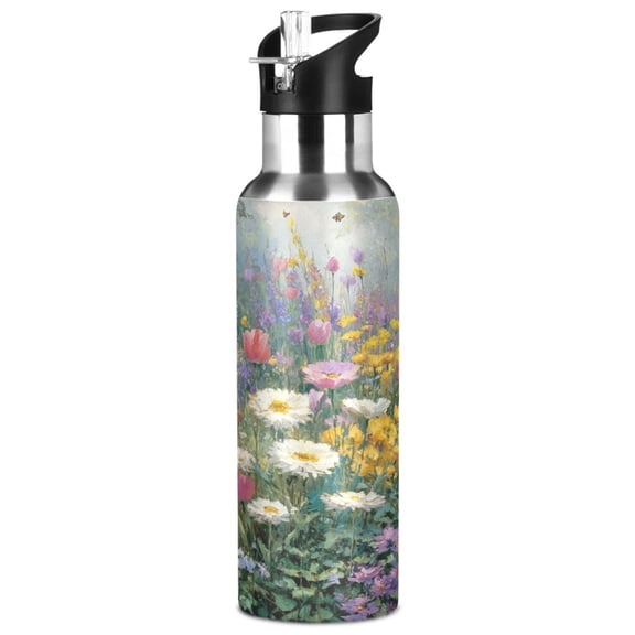 1000ML Transparent Sports Water Bottle with Handle & Straw Portable Water Bottle for Outdoor Camping Gym Vibrant Garden Filled