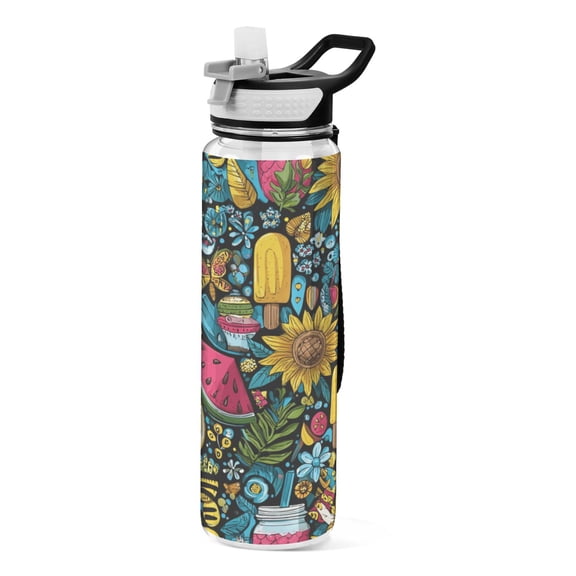 1000ML Transparent Sports Water Bottle with Handle & Straw Portable Water Bottle for Outdoor Camping Gym Vibrant and Colorful Graffiti Patterns