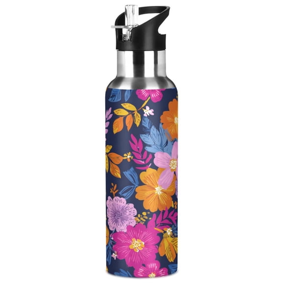 1000ML Transparent Sports Water Bottle with Handle & Straw Portable Water Bottle for Outdoor Camping Gym Vividly Colored Flowers