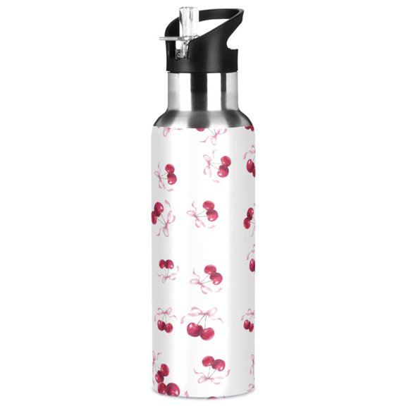 1000ML Transparent Sports Water Bottle with Handle & Straw Portable Water Bottle for Outdoor Camping Gym Watercolor Cherries Pattern