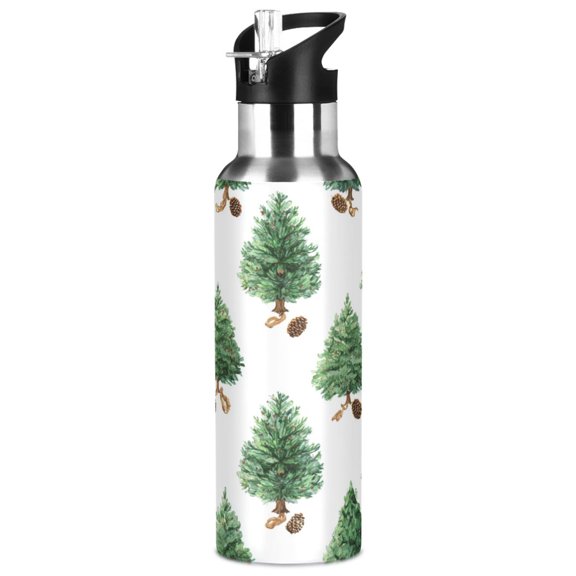 1000ML Transparent Sports Water Bottle with Handle & Straw Portable Water Bottle for Outdoor Camping Gym Watercolor Green Christmas Tree