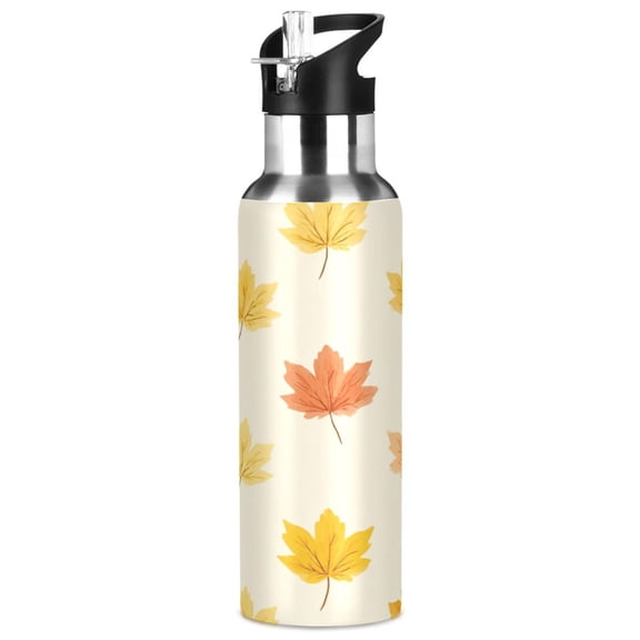 1000ML Transparent Sports Water Bottle with Handle & Straw Portable Water Bottle for Outdoor Camping Gym Yellow Maple Leaves Pattern