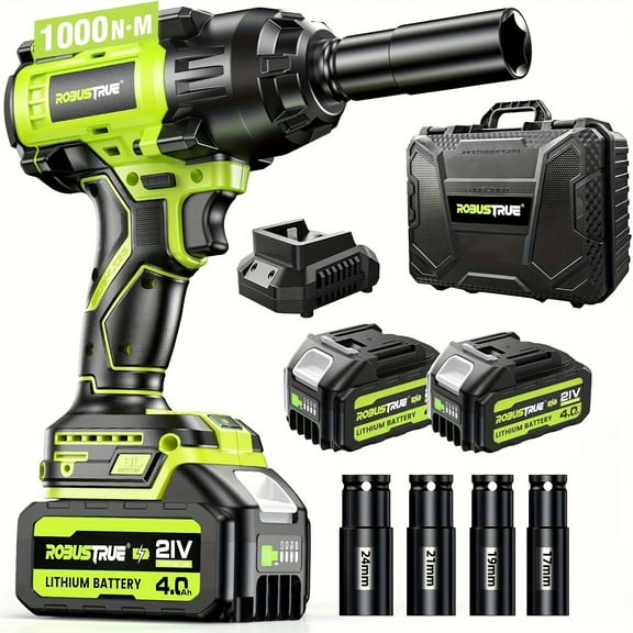 1000N.m(740ft-lbs) Brushless Cordless Impact Wrench Set - 21V 4000mAh Battery, 4 Sockets, Fast Charger for Car/Truck, Home Improvement, Vehicle Maintenance
