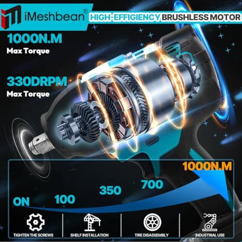 Labfintom 1/2" Cordless Impact Wrench - 1000Nm Brushless Impact Gun With 2x 4.0Ah Batteries & Case - View #2