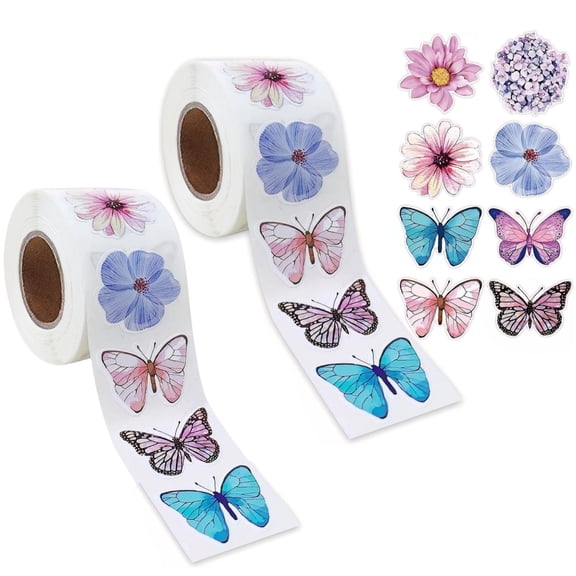1000PCS Flower Butterfly Stickers Roll, 16 Styles Colorful Spring Floral Decals, 3D Cute Roll Stickers for Parties, Walls, Scrapbooks, Envelopes, Birthday and Greeting Cards
