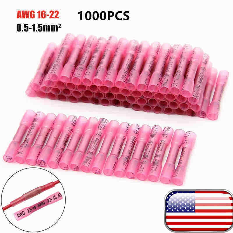 1000PCS Red AWG Heat Shrink Butt Wire Connectors Crimp Terminals 16-22 Gauge US
