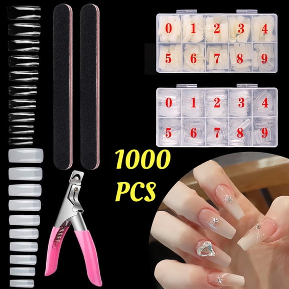 1000PCS Square Nail Tips for Acrylic Nails Professional, French Fake Clear & Natural Half Cover Acrylic Artificial False Tips for Manicure Salon Home