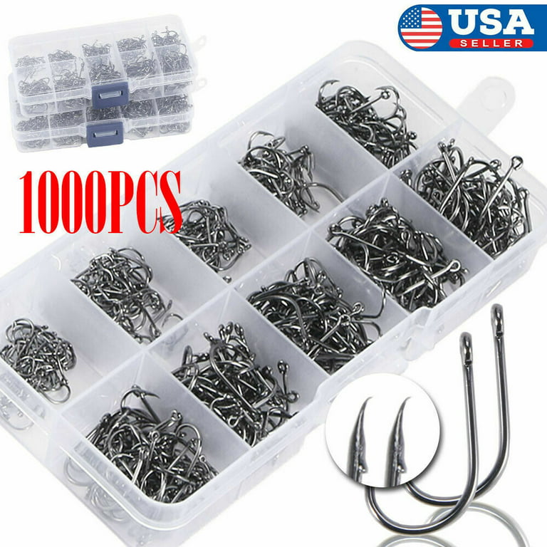 1000Pcs 10 Sizes Fish Hooks High Carbon Steel Sharpened Fishing Hook With  Box 