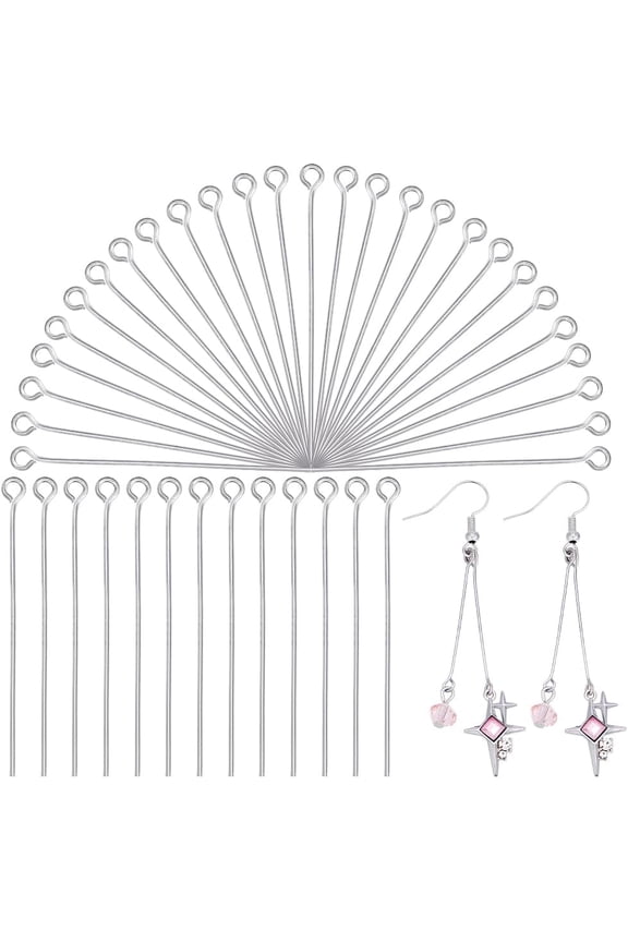 1000Pcs 304 Stainless Steel Eye Pins 1.6" Jewelry Making Eye Pins Eyepins for Keychains Earring Pins Open Eye Head Pins