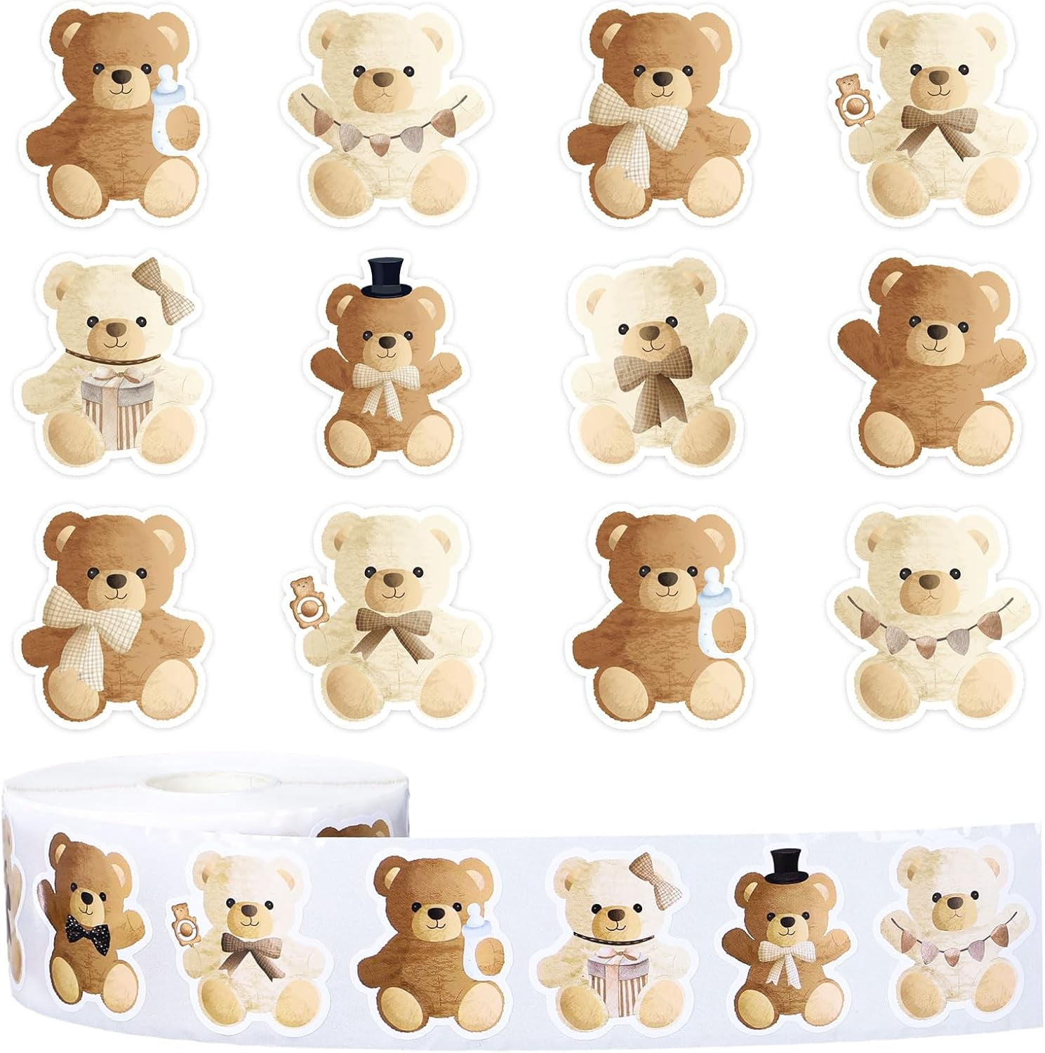 1000Pcs Bear Stickers Roll Cute Bear Paper Decals 8 Designs Assorted