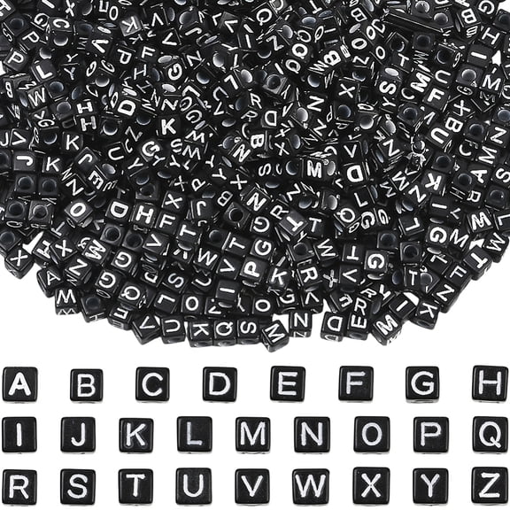 1000Pcs Black Square Letter Bead Alphabet Cube Beads Bulk 6 x 6mm Acrylic Random A to Z Initial Loose Charms Spacers Kit