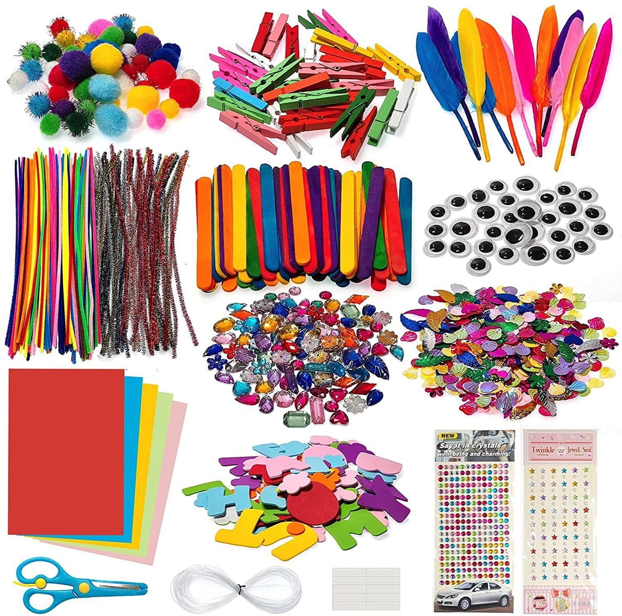 1000Pcs DIY Art Craft Kit for Kids Creative Pompoms Pipe Cleaners Feather  Foam Flowers Letters Crystal Sticker Felt Wiggle Googly Eyes Sequins Button  Colorful Wooden Sticks Paper Art Supplies 