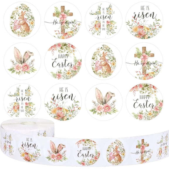 1000Pcs Easter Stickers Floral Stickers Watercolor Bunny Egg Christian Round Sticker He is Risen Print Label Self-Adhesive Sticker for Spring Easter Holiday Party 1.5Inch 6 Design