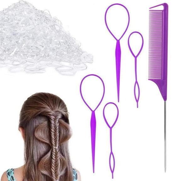 1000Pcs Elastic Rubber Bands with Topsy Tail Hair Tools Set French Braid Tool Loop and Rattail Comb, Small Elastic Hair Ties for Girls Toddler Women Hair Braid Accessories Hair Styling