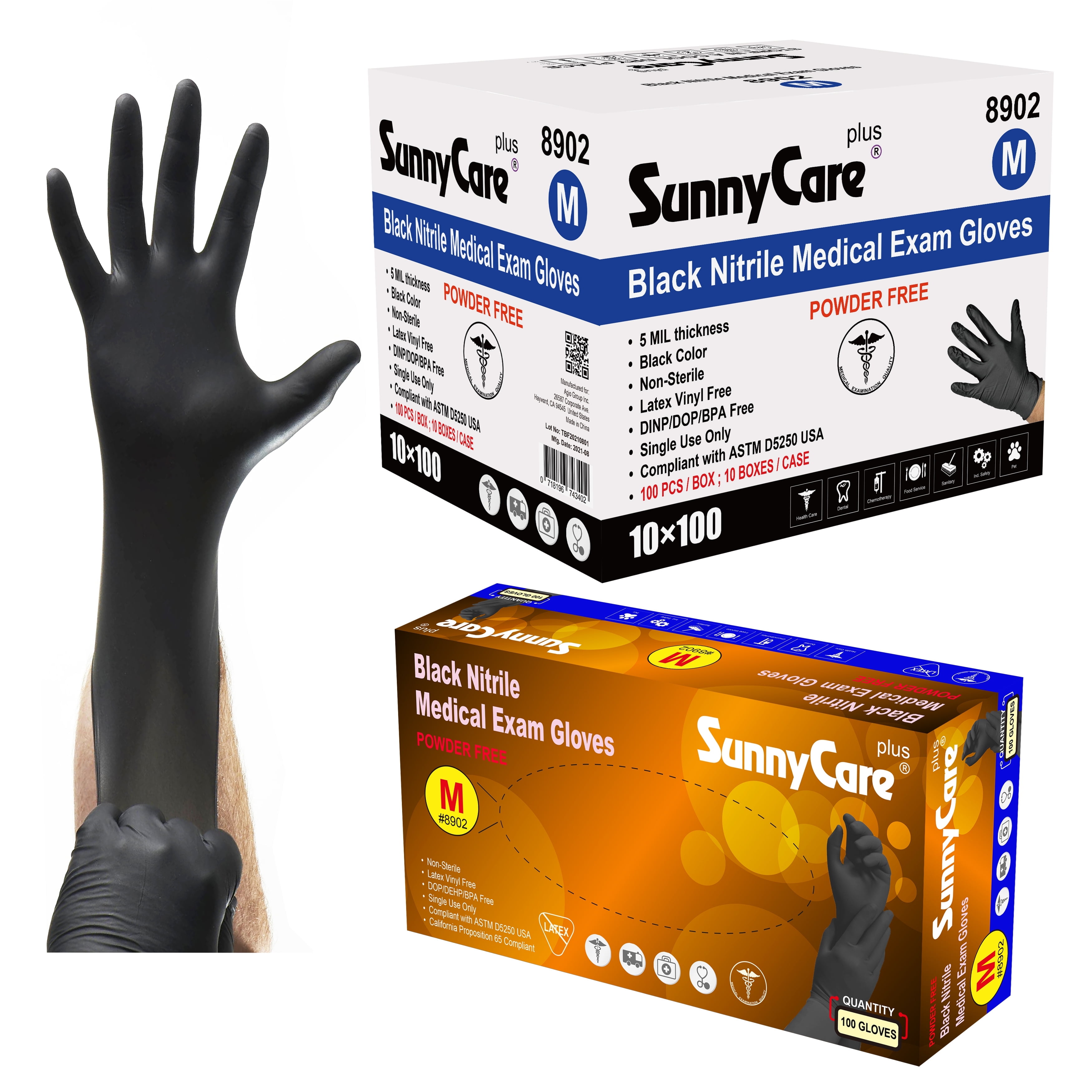 1000Pcs Item# 8902 SunnyCare 5Mil Black Nitrile Medical Exam Gloves Powder Free (Non Vinyl Latex) Size: Medium