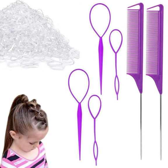 1000Pcs Mini Elastic Rubber Bands Set with 4Pcs Topsy Tail Hair Tools and 2Pcs Rattail Comb, Premium Elastic Hair Ties for Girls Toddler Kids