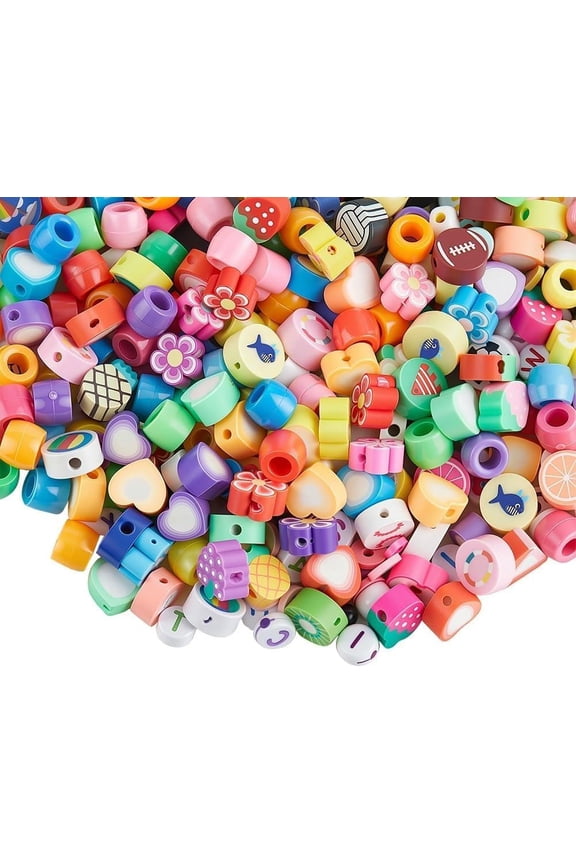 1000Pcs Polymer Clay Flower Beads Mixed Clay Beads Small Colorful Assorted Fruits Hearts Sports Smooth Loose Spacers Findings Accessories for Jewelry Making Bracelets Necklaces DIY Crafts