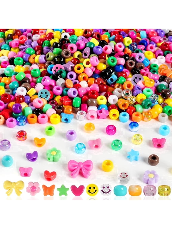 1000Pcs Pony Plastic Beads Bulk, 6×9mm Friendship Colorful Shape Bead for Jewelry Making Bracelets Heart Bow Tie Star for diy Hair Braiding Keychains Crafts Party Supplies