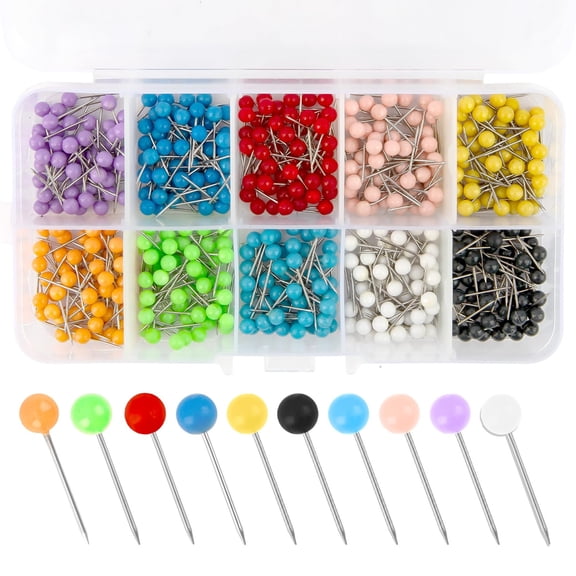 1000Pcs Push Pins, 1/8" Small Map Pins for Travel Map, Map Tacks with Plastic Beads Head for Cork Board, World Map Pin Board, Bulletin Board, Fabric Marking, Craft, Office(Multicolor)