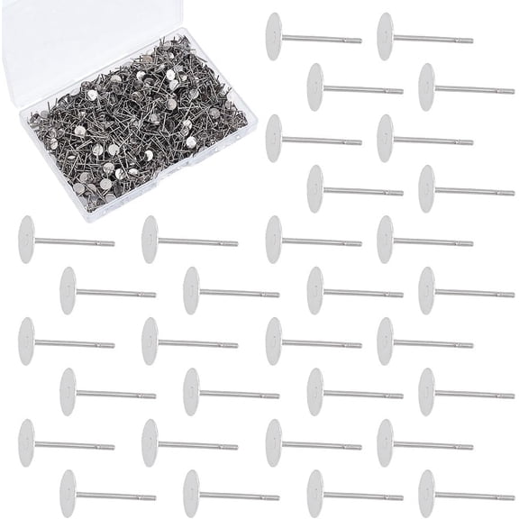1000Pcs Stainless Steel Earrings Posts Flat Pad Earring Post Blank Earring Studs Flat Round Ear Studs DIY Jewelry Findings for Stud Earrings Jewelry Making 12x6mm Pin: 0.7mm Stainless Steel Color