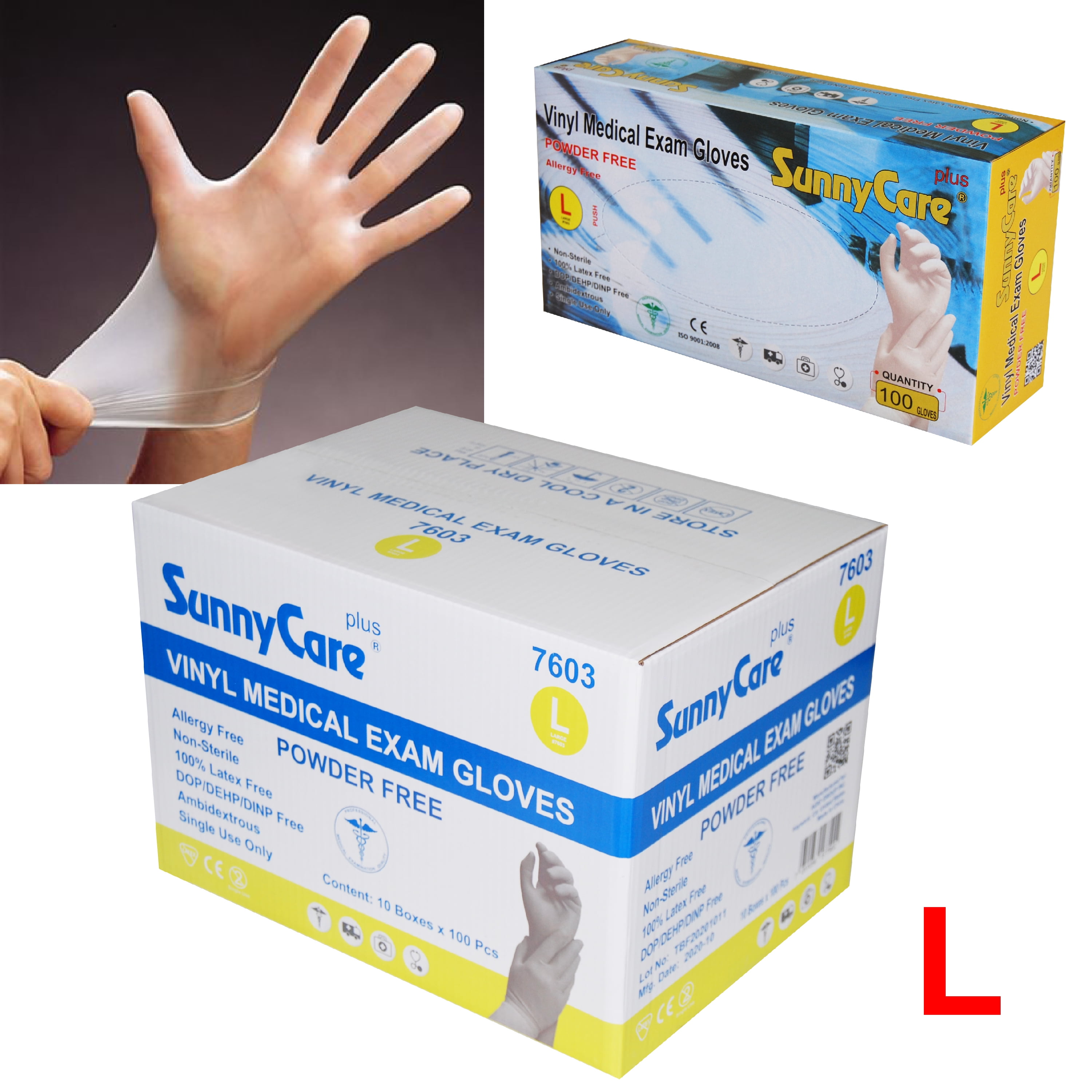 1000Pcs SunnyCare Vinyl Medical Exam Gloves Powder Free (Latex Nitrile Free) Size: Large