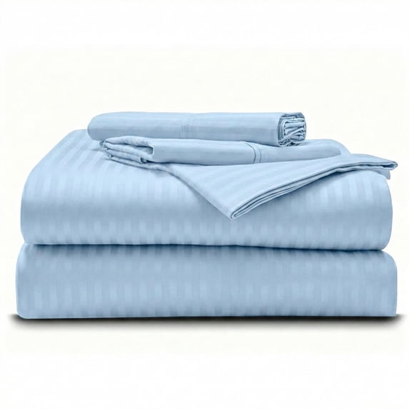 1000TC Egyptian Cotton 4-Piece Striped Sheet Set, 15" Deep Pockets - RV Camper King, Sky Blue Stripe