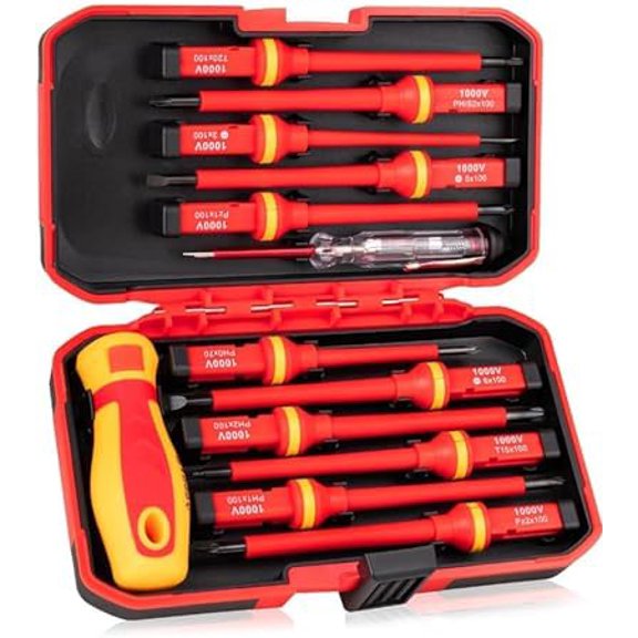 1000V Insulated Electrician Screwdriver Set, 13pcs Professional Electrical Tools Kit with Magnetic CR-V Steel Tips, Insulated Handle, Phillips, Slotted, Pozi, Torx Screwdrivers, VDE & GS Certified