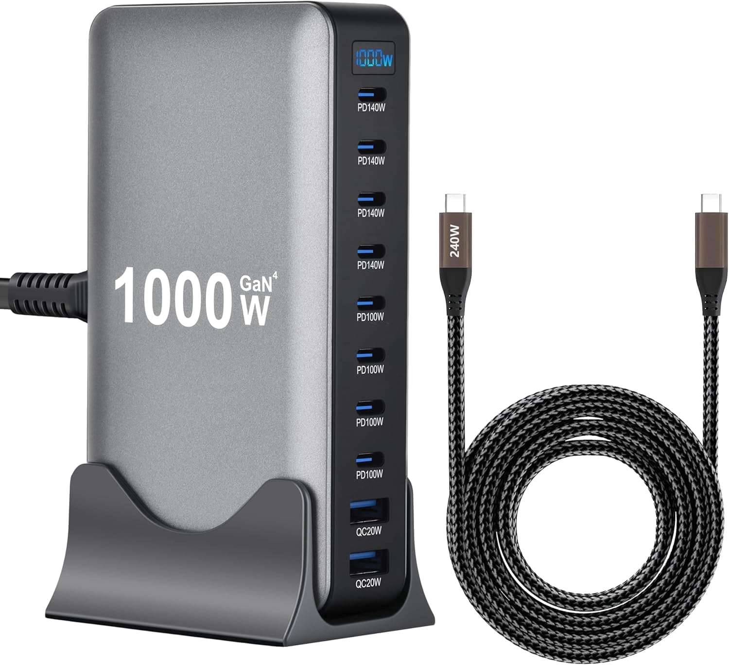 1000W 10-Port GaN 4 Desktop Fast Charging Station with 6.6ft 240W Data ...