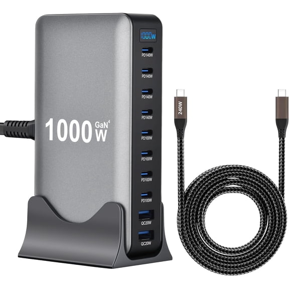 1000W 10-Port GaN 4 Desktop Fast Charging Station with 6.6ft 240W Data Cable, Compatible with Tablets, Phones, Laptops, Game Consoles, Headphones, Multiple Electronic Devices, iPhone 17 16 15 14 13