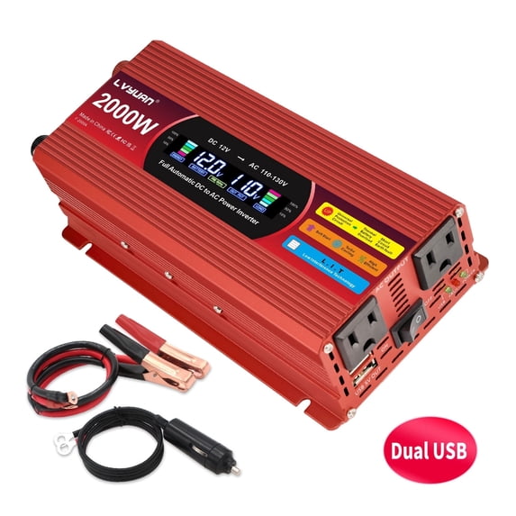 1000W 2000W Modified Sine Wave Peak Power Inverter, DC 12V to AC 110V Car Inverter with 2USB & 2AC Outlets, LCD Display for RV, Truck, Camping, Travel Red