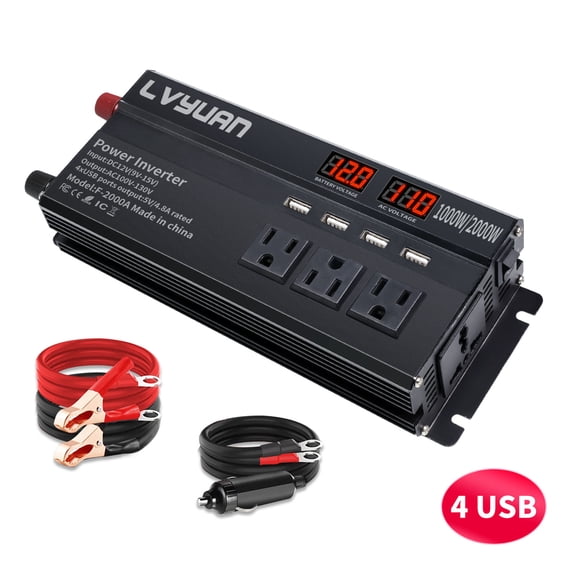 1000W 2000W Peak Power Inverter DC 12V to AC 110V, 4 AC Outlets & 4 USB Ports, Modified Sine Wave Car Inverter for RV, Truck, Camping, Home Black