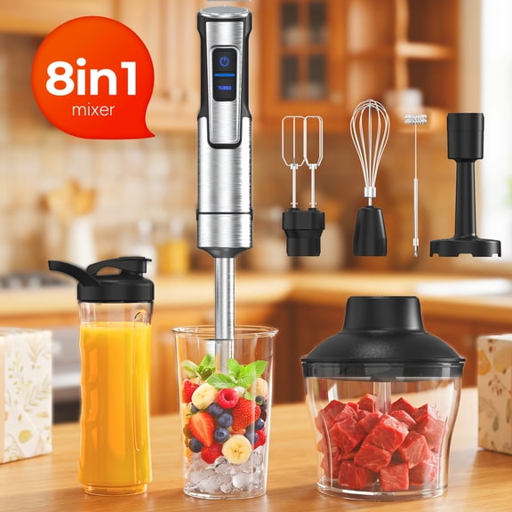 1000W 8in1 Immersion Handheld Blender, 16Speed HeavyDuty Motor with Stainless Steel Shaft & Meat Chopper, 8Piece Essential Kitchen Set