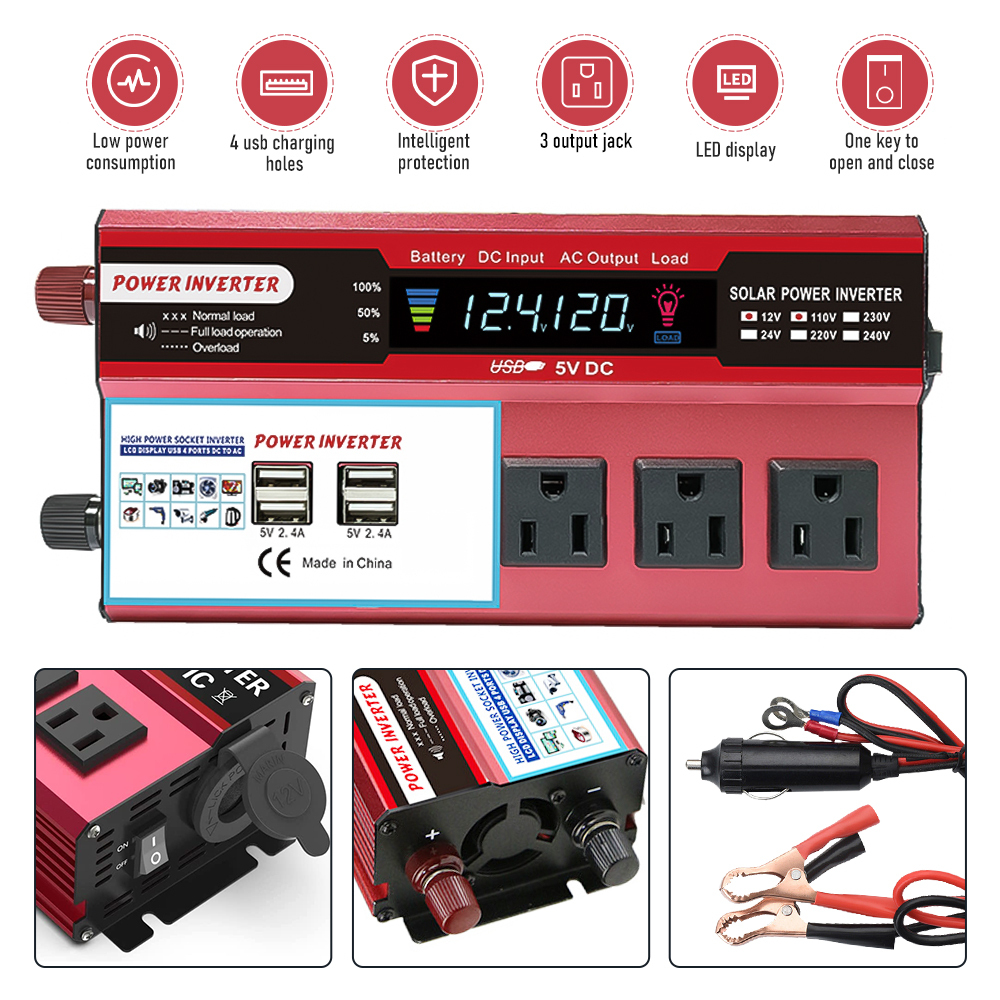 1000W Car Power Inverter 500W DC 12V to AC 110V Pure Sine Wave Solar Converter