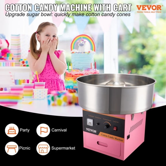 1000W Commercial Electric Cotton Candy Machine Stainless Steel Bowl Sugar Scoop Drawer Pink Candy Floss Maker for Home Kids Birthday Family Party