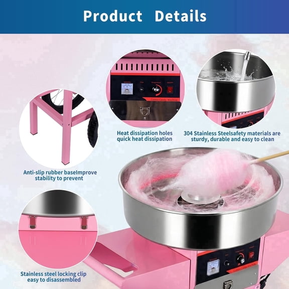 1000W Cotton Candy Machine, Cotton Candy Machine with Cart for Birthday Parties, Stainless Steel Cotton Candy Maker with Cart
