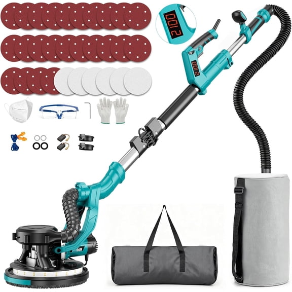 1000W Drywall Sander with Vacuum Dust Collection Digital Display 9 Speed 800-2100RPM Extendable LED Light 30 Discs for Ceiling Wall Deck Floor