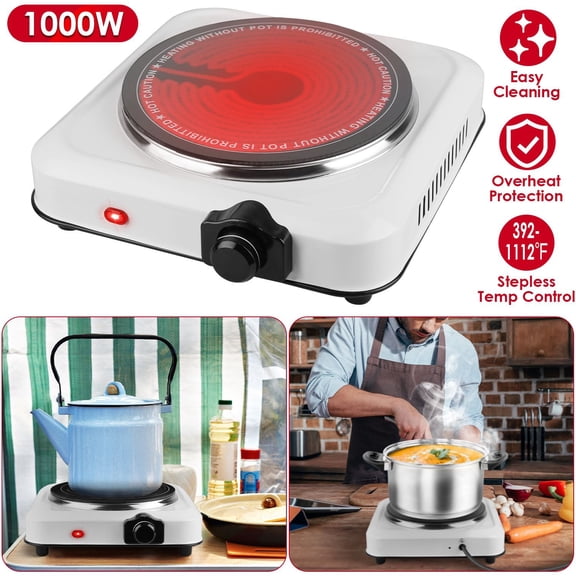 1000W Electric Infrared Single Burner Portable Heating Hot Plate Stove Countertop RV Hotplate with 7.5' Glass Cooktop Stepless Temperature Adjustments for Home RV Camp