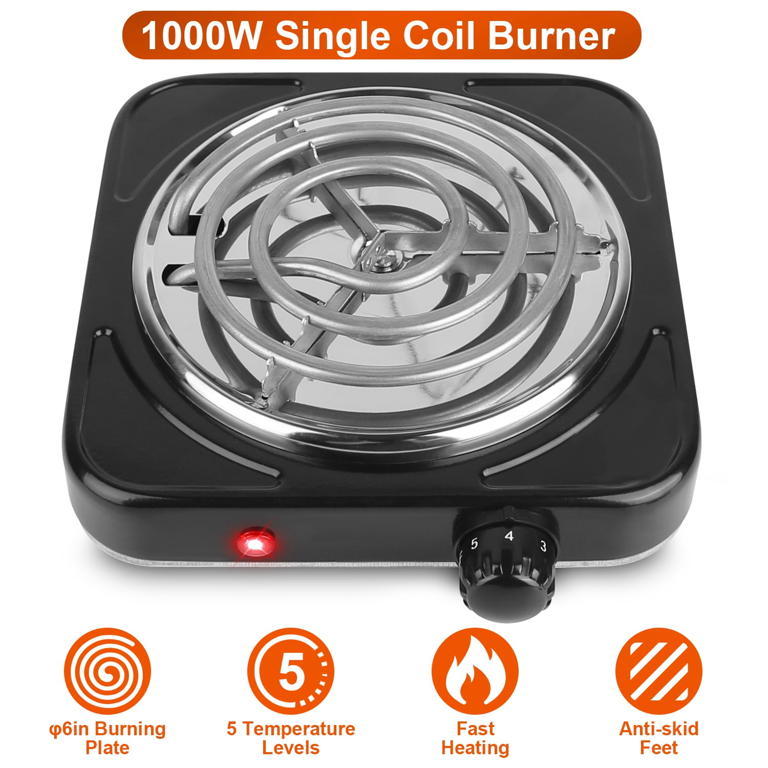 Ovente Electric Single Coil Burner, 1000W (120V), 6-Inch Plate, Adjustable  Temperature Control, Metal Housing, Indicator Light, Non-Slip Rubber Feet