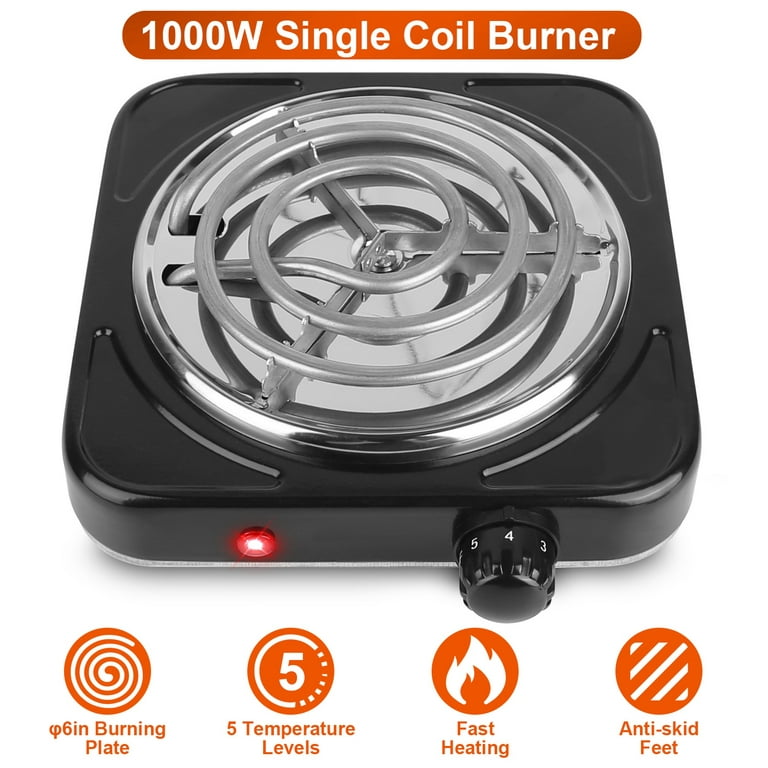 TeqHome Hot Plate, 1000W Portable Electric Stove for Cooking with Stay Cool  Handles & 5 Levels Adjustable Temperature, Countertop Coil Burner for RV