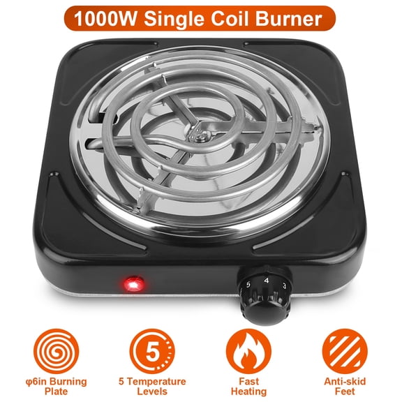 1000W Electric Single Burner TeqHome Portable Coil Heating Hot Plate Stove with 5 Level Temperature Control Non Slip Rubber Feet for Home Dorm Camping Black