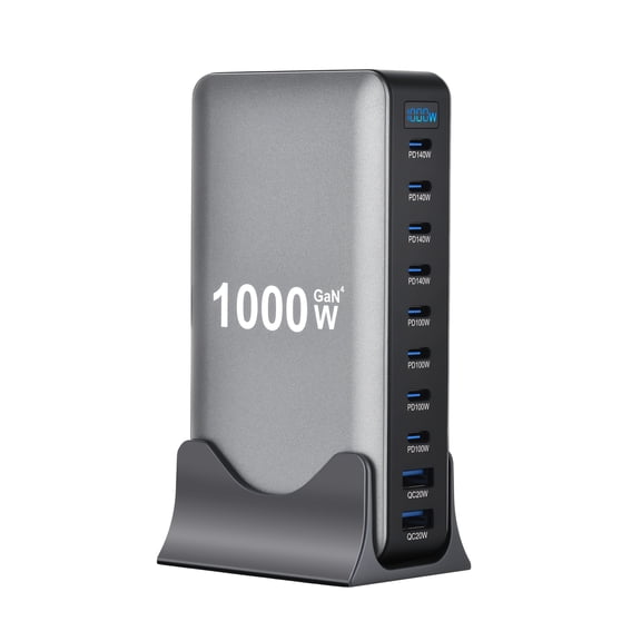 1000W GaN PD Charging Station with 10 Ports - 59 Inch Cord for MacBook, iPad, iPhone 16/15/14/13, Compact Pop-up Desktop Charger for Travel, Home, Office, Multi-Device Fast Charging Hub