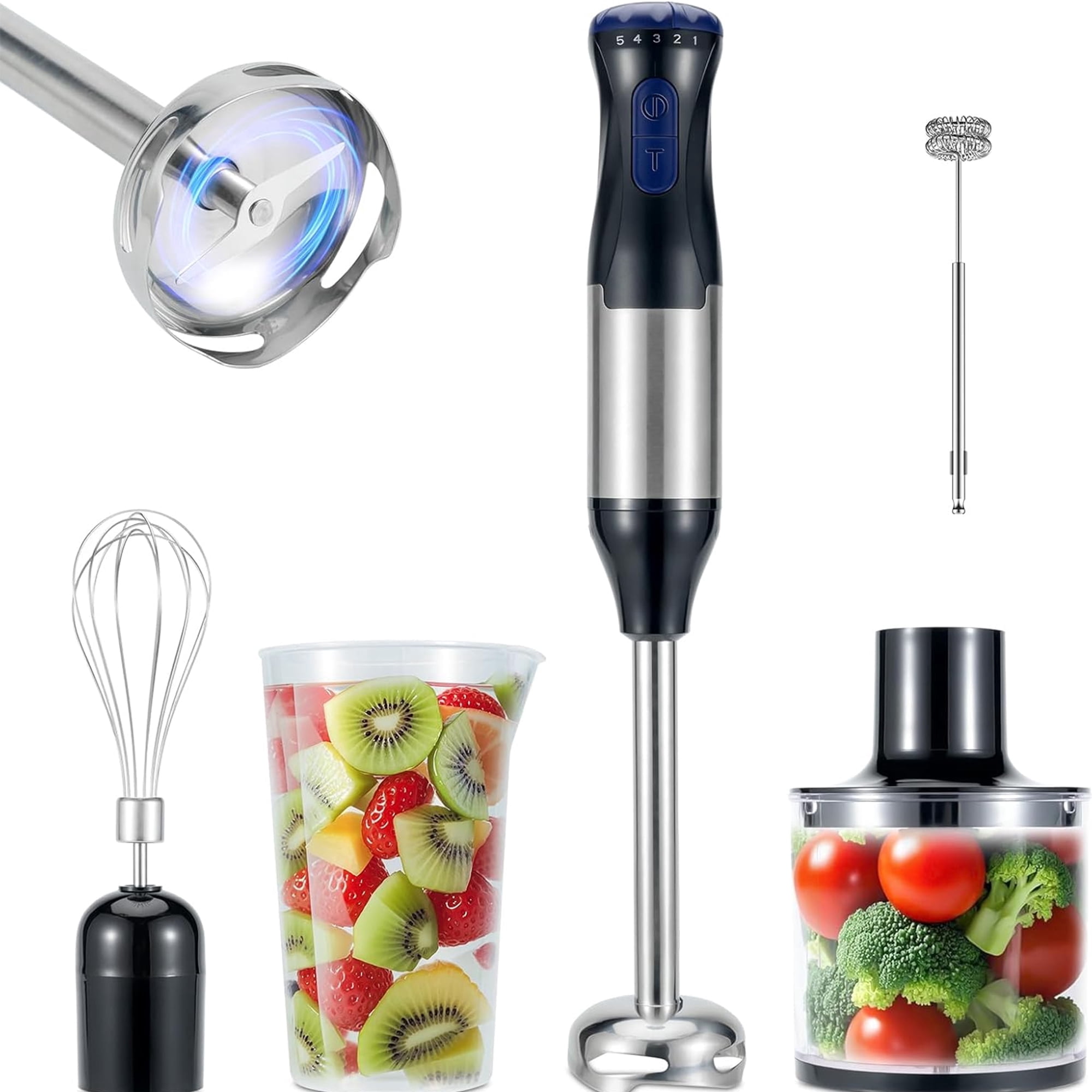 1000W Immersion Blender Handheld 4-in-1 Hand Blender Stick, Handheld Blender Stick Mixer with Egg Whisk, 700ml Beaker & 500ml Chopper Bowl