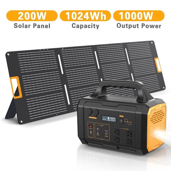 1000W Portable Power Station 1024Wh with 200W Solar Panel, Pure Sine Wave Solar Generator with AC/Car/Solar Charging for Camping, RV, Home Emergency & Outdoor