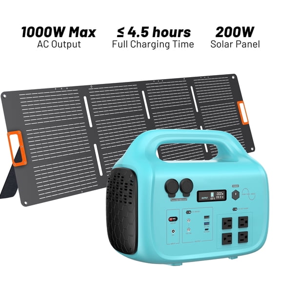 1000W Portable Power Station 1024Wh, Solar Generator with 200W Solar Panel, Pure Sine Wave Backup Battery for Camping Home Power Outage & Emergency