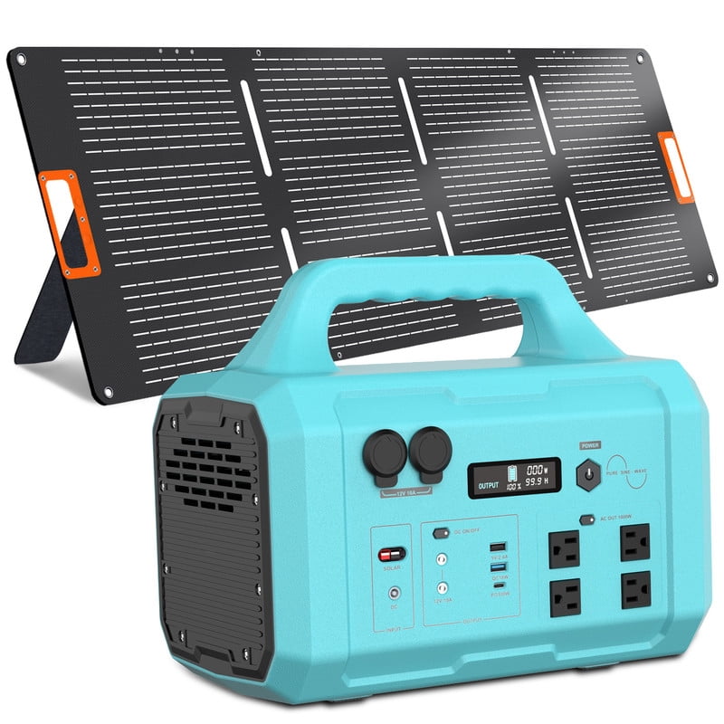 1000W Portable Solar Generator, 1024Wh LiFePO4 Battery Power Station with 100W Solar Panel, USB-C Power Bank for for Camping, Outdoor Travel, RV, and Home Emergency-Blue