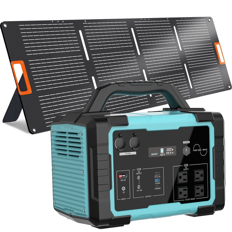 1000W Portable Solar Generator, 1024Wh LiFePO4 Battery Power Station with 100W Solar Panel, USB-C Power Bank for for Camping, Outdoor Travel, RV, and Home Emergency-Blue