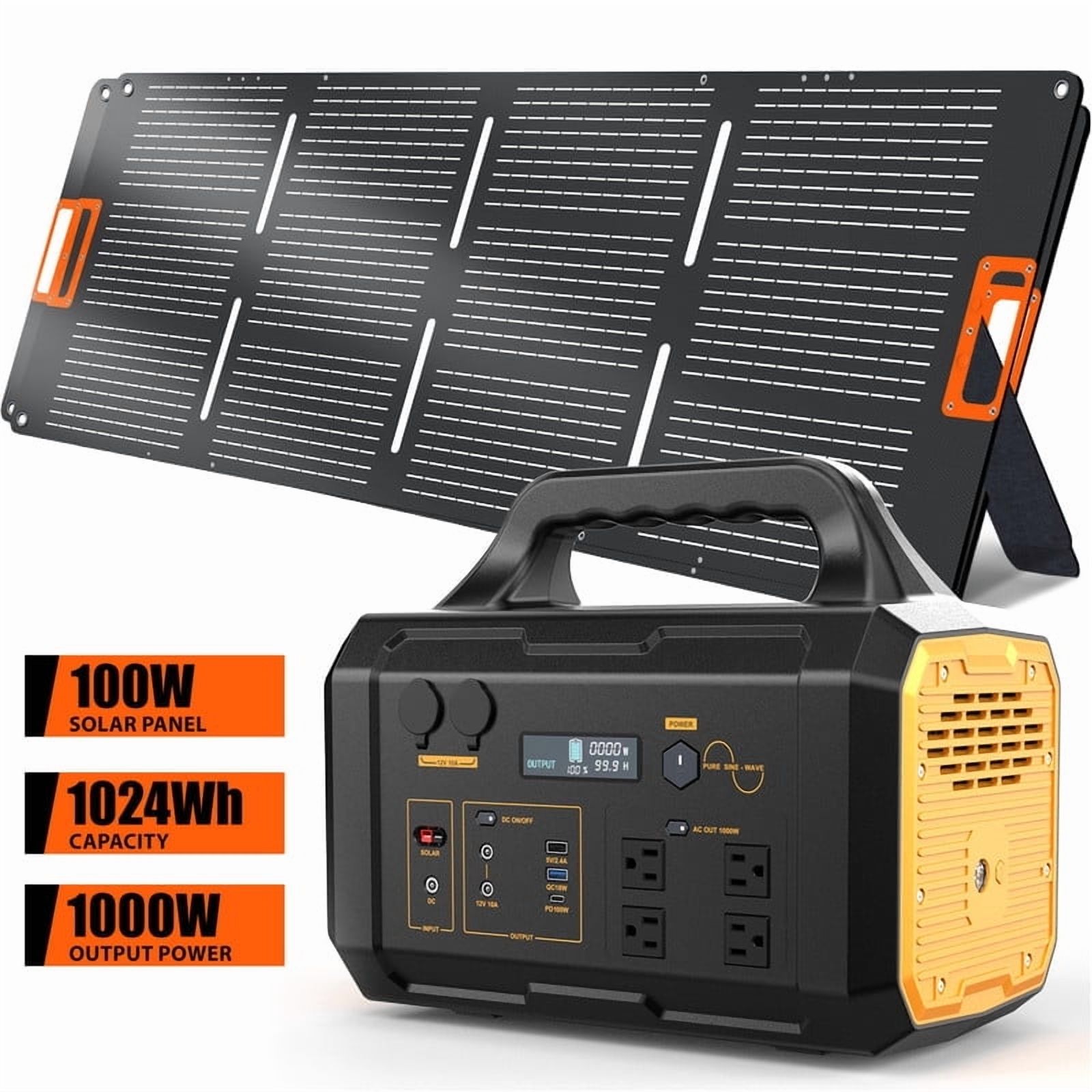 1000W Portable Solar Generator, 1024Wh LiFePO4 Battery Power Station with 100W Solar Panel, USB-C Power Bank for for Camping, Outdoor Travel, RV, and Home Emergency-Yellow